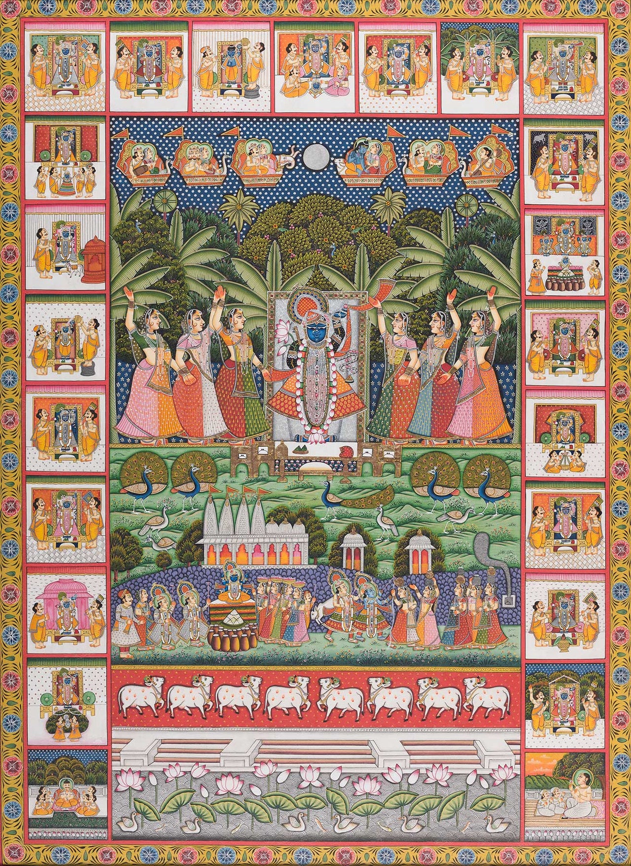 Shrinathji Pichwai painting by Trilok Prakash Soni. Natural mineral pigments and 24K gold leaf on prepared cotton cloth. Bhilwara, Nathdwara tradition.