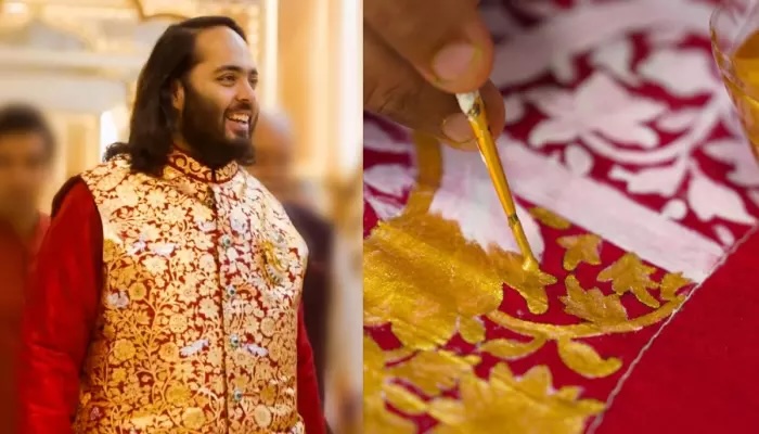 Bespoke Manish Malhotra jacket worn by Anant Ambani at his wedding, July 2024. Pichwai paintings by Trilok Prakash Soni and Bhilwara artisans, 110 hours, 100 gold leaves