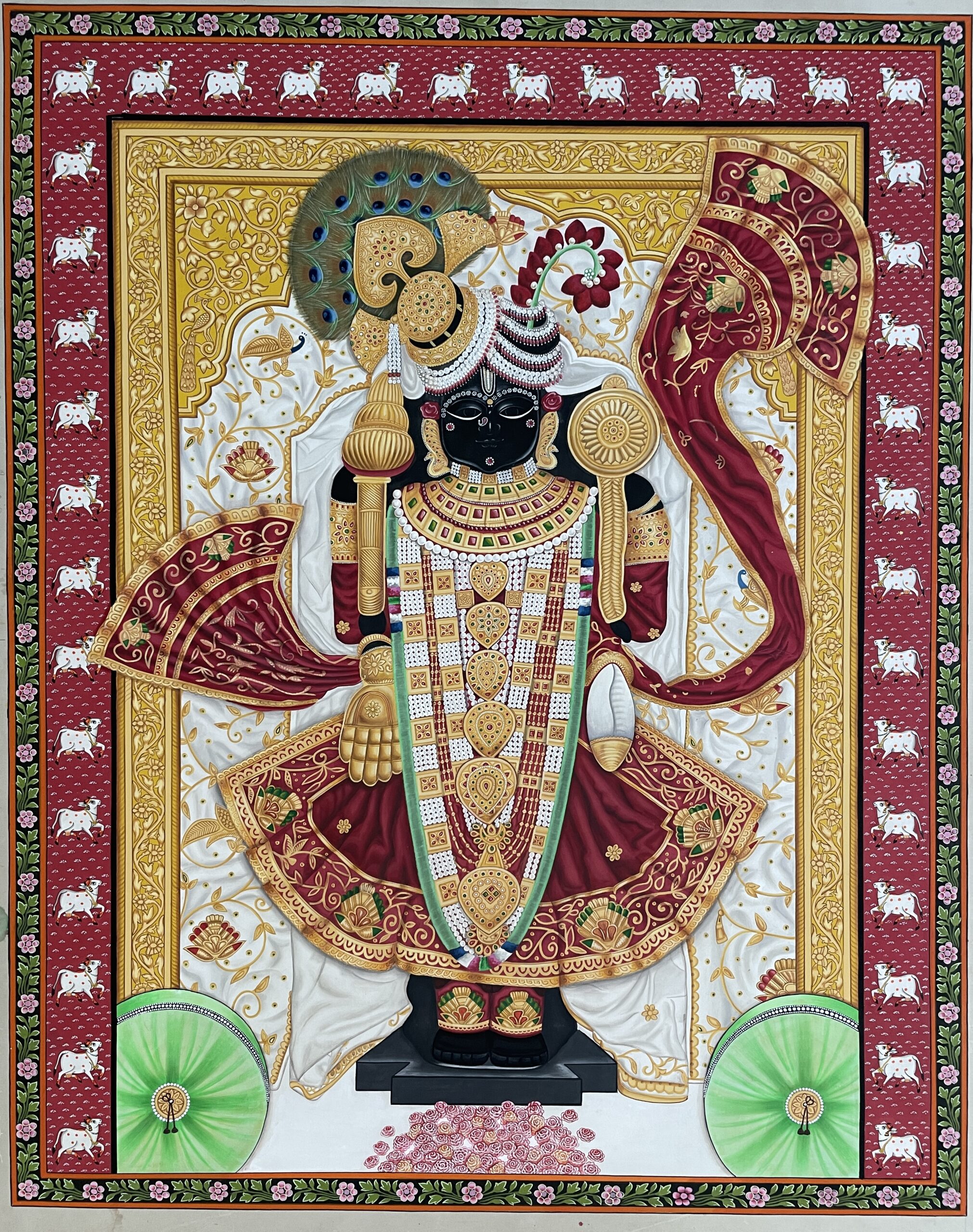Dwarkadheesh Pichwai painting by Trilok Prakash Soni — Krishna at Dwarka, natural pigments and 24K gold leaf on prepared cotton cloth, Bhilwara