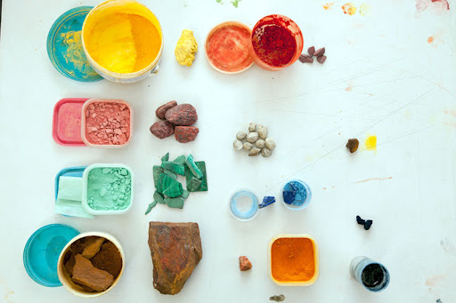 Mineral pigments in glass containers in the Bhilwara studio of Pichwai artist Trilok Prakash Soni
